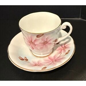 Clarence Bone China‎ Tea Cup Saucer Set Pink Floral Gold Trim Made in England